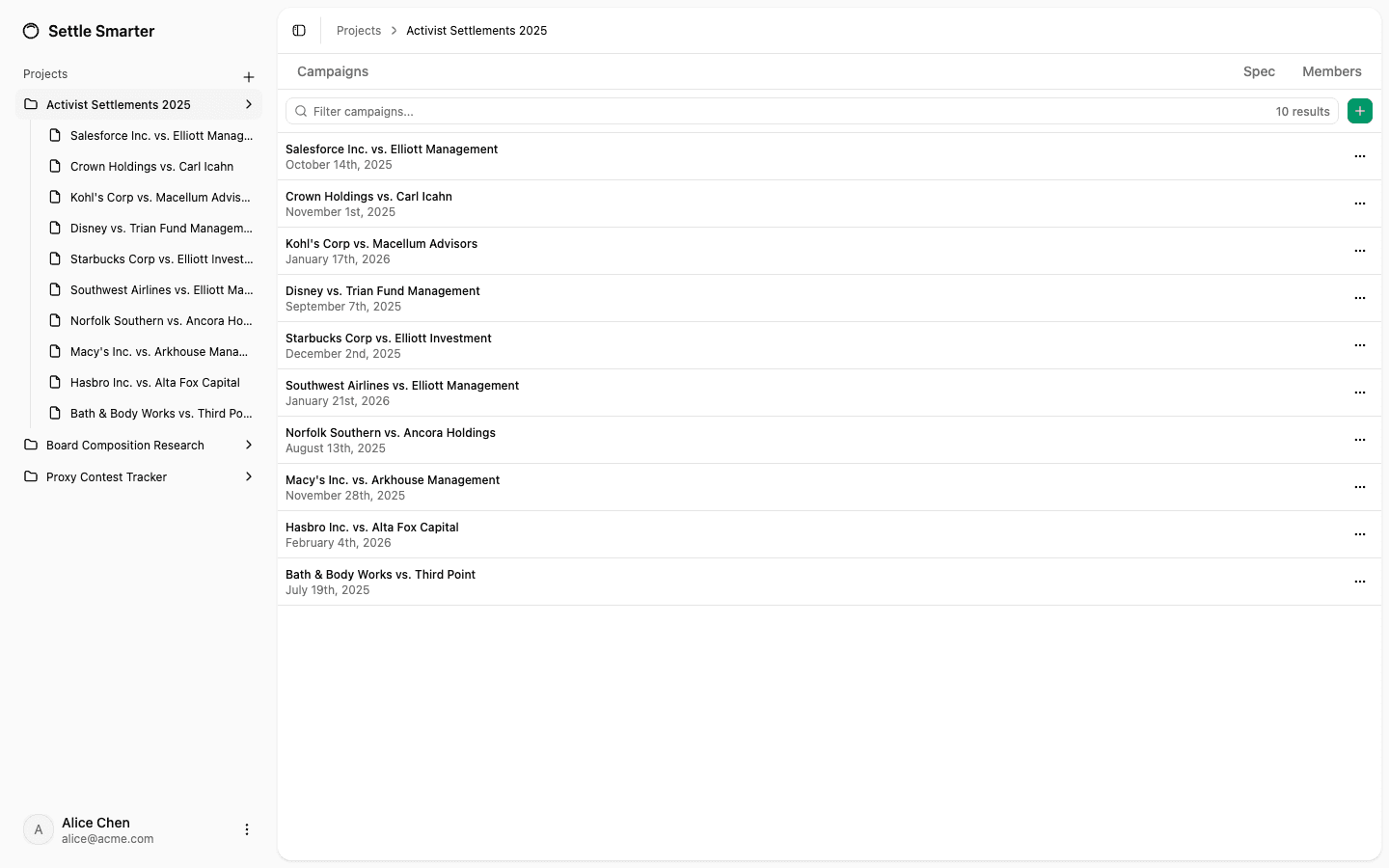 Settle Smart dashboard showing campaigns table with sidebar navigation